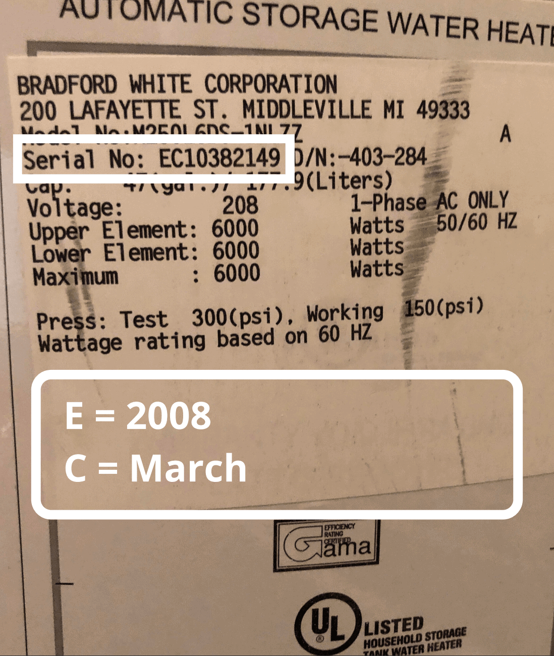 bradford white water heater age serial number lookup